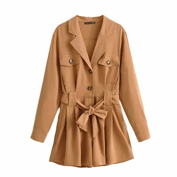 

women Rompers 2019 fashion ladies safari style sloid full sleeve notched pockets tie bow buttons female cool short onesies