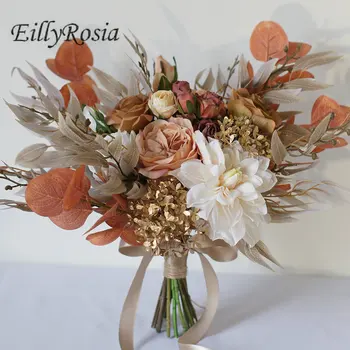 

EillyRosia Vintage Autumn Bridal Bouquet Khaki Artificial Bride Wedding Flowers Outside Shooting Photography Unique Design Retro