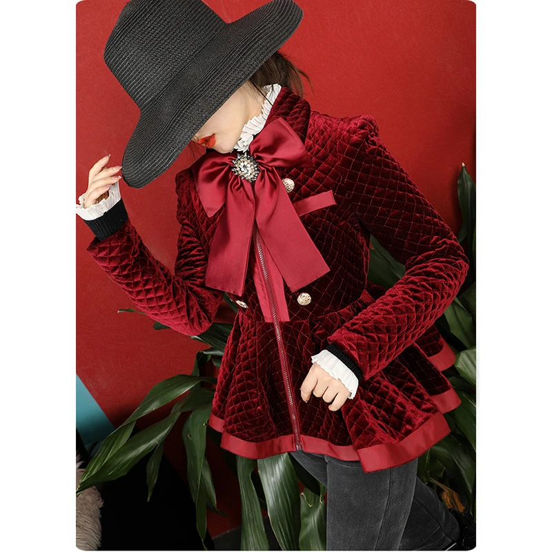 awesome 2020 winter fashion high street women clothes Slim single breasted bow collar velvet full sleeves