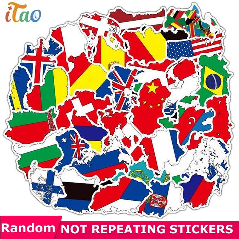 

10/20/30/40/50PCS Cartoon National Flags Map Sticker Waterproof PVC Skateboard Luggage Motorcycle Laptop Guitar Kid Toy Stickers