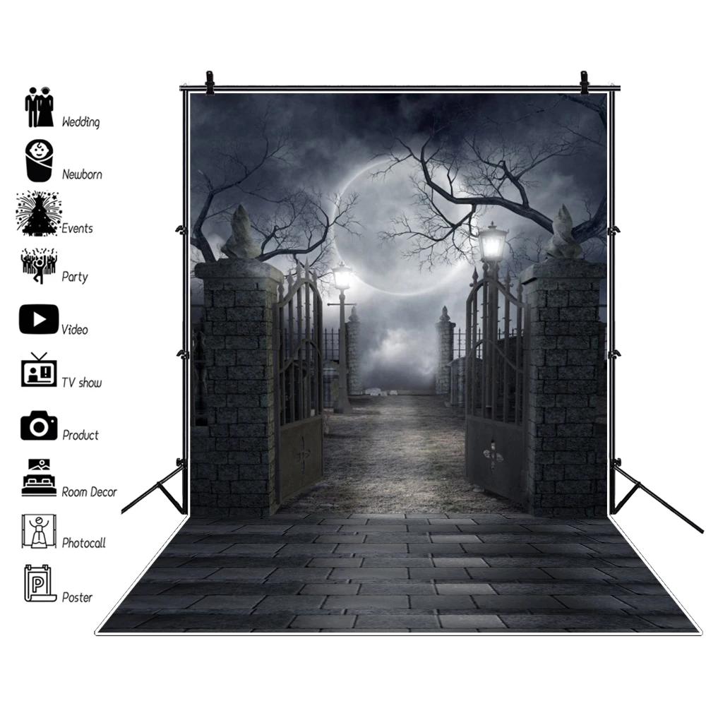 Laeacco Vinyl Background Dark Night Brick Wall Door Moon Halloween Party Terrible Scenic Photo Backdrop Studio Photocall |