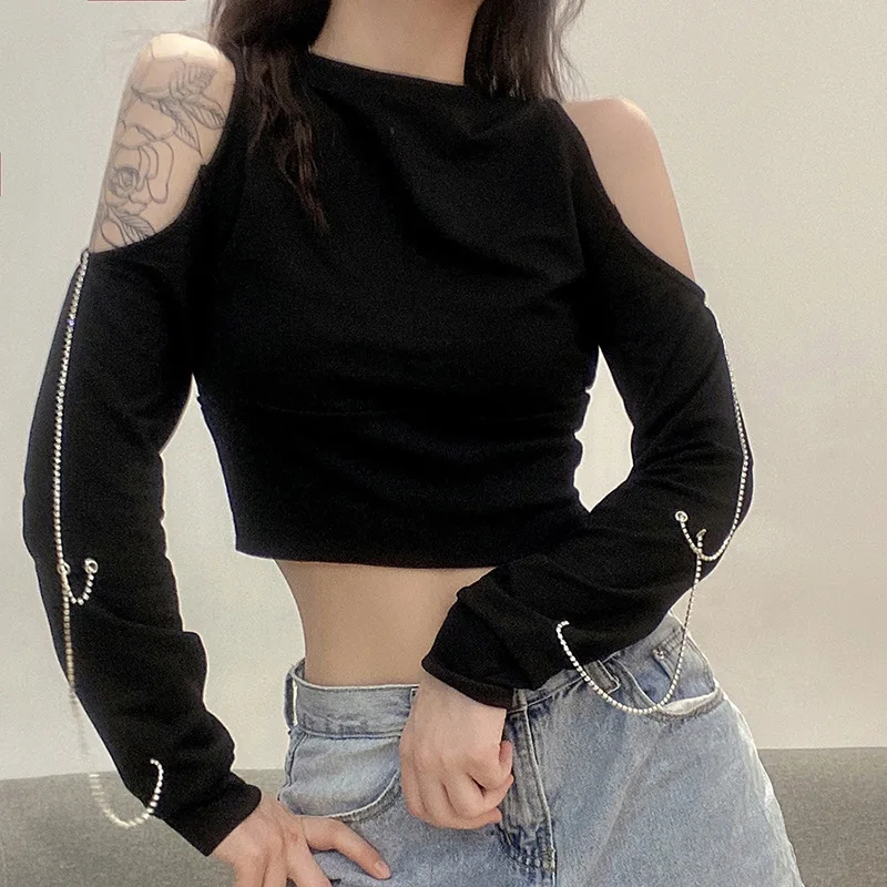 

NCLAGEN Crystal Chains Shoulder Hollow Out Pullover Gothic Cool Lady Stylish Zip Up Crop Top Hoodies Women Punk Black Sweatshirt