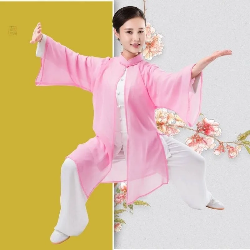 

Tai Chi Women 2020 Wushu Kung Fu Uniform Suit Leisure Shawls Single Shawls Elegant Gradient Taiji Clothes Men Chiffon Cloak