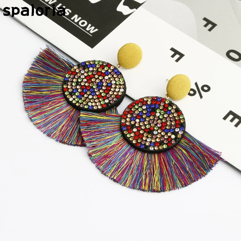 

Spaloria Bohemia Sector Big Tassel Earrings For Women Crystal Round Statement Dangle Drop Earring Female Brincos Fashion Jewelry