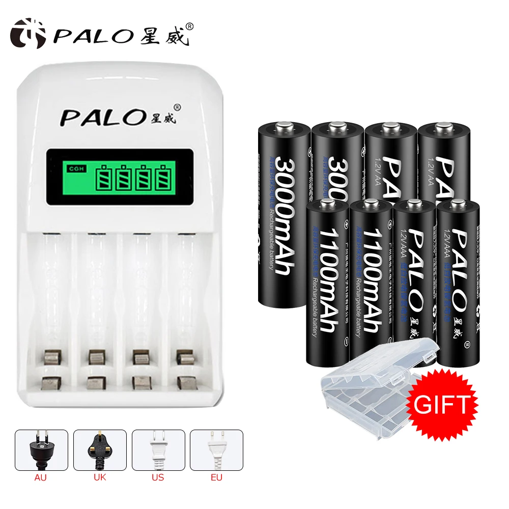 

PALO 8pcs Battery Rechargeable NI-MH Batteries 1.2V 3000 AA 1100AAA Battery+LCD Charger For Clocks/Mice/Toys/ 4pcs AA + 4pcs AAA