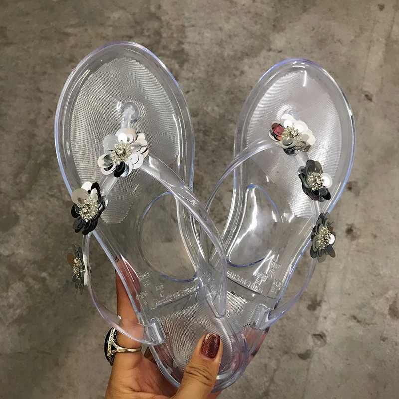 Summer Women Sequin Flower Flip Flops Casual Beach Slippers Female Open Toe Shoes Outdoor Flat Sandals Fashion Soft Jelly Slides