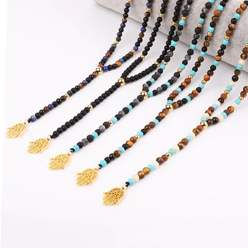 New Men Necklace Natural Stone Beads Tiger Eye Matte Onyx 316L Stainless Steel Hamsa Hand Pendant Necklace Jewelry Gift Men