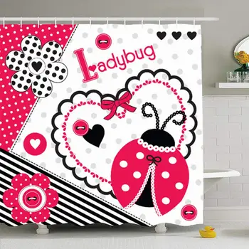 

Shower Curtain Set with Hooks 66x72 Beautiful Striped Ladybug Kid Happiness Invitation Lovely Summer Animals Color Wildlife