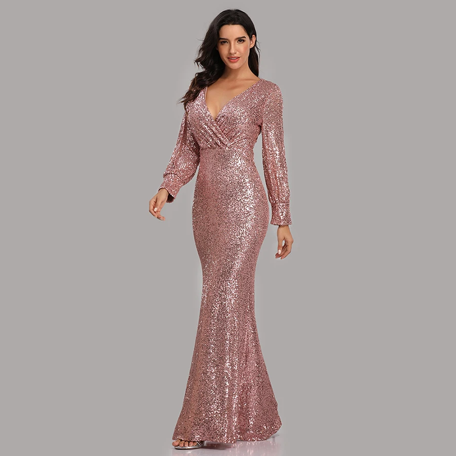 Skyyue, вечерние платья, длинное, расшитое блестками, элегантное, Robe De Soiree,, глубокий v-образный вырез, разрез, официальное платье, полный рукав, вечернее платье LT008