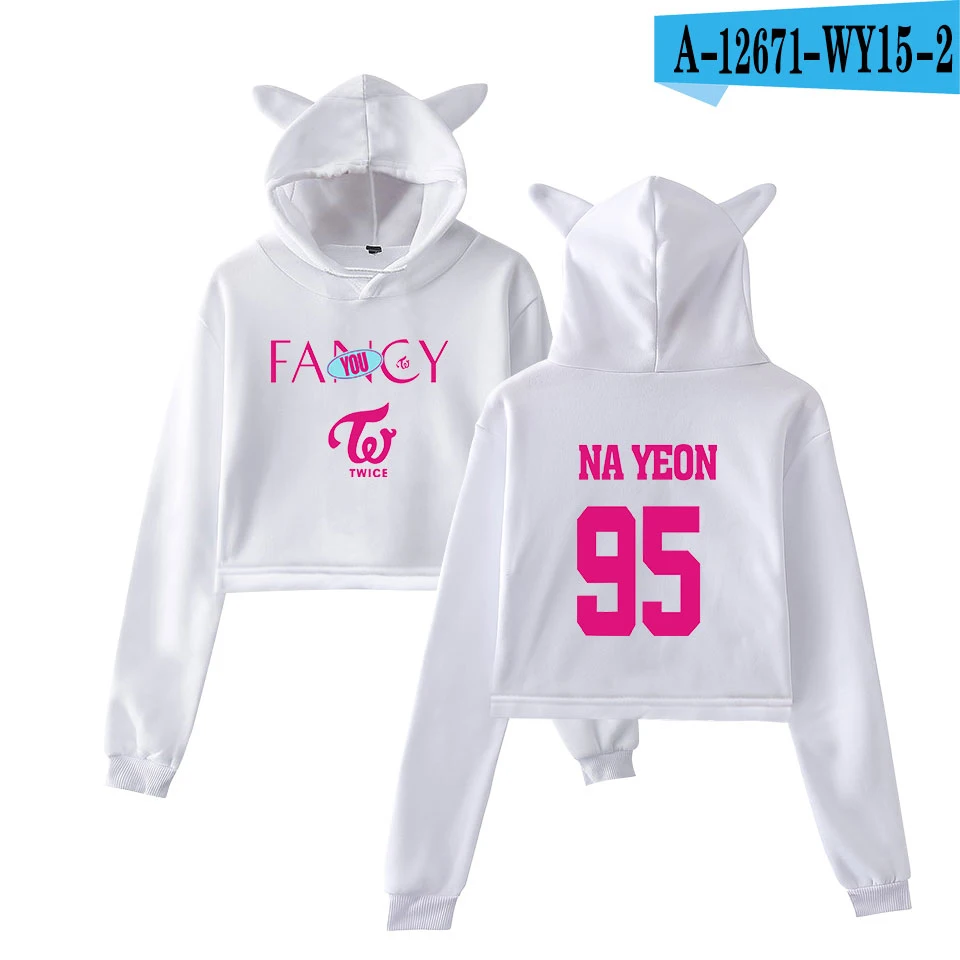 TWICE NEW SONG FANCY толстовки с кошачьими ушками, укороченный топ, толстовки, модная трендовая одежда Kpop, женская уличная одежда, толстовки, Сексуальная Короткая Толстовка - Цвет: white