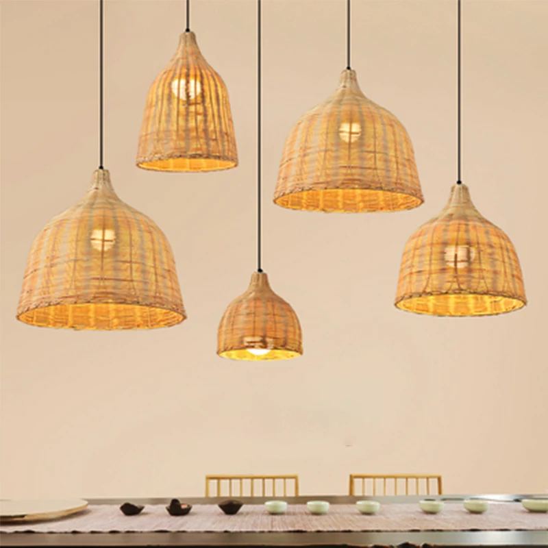 

Vintage LED Pendant Light Creative Handmade Wicker Hanging Light Hanging Bell Pendant Lamps E27 Bulb Home Decoration Rattan Lamp