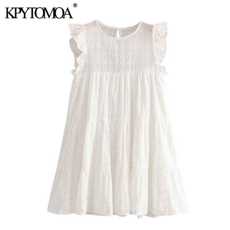 KPYTOMOA Women 2020 Sweet Fashion Hollow Out Embroidery Ruffled Mini Dress Vintage Sleeveless With Lining Female Dresses Mujer KPYTOMOA Women 2020 Sweet Fashion Hollow Out Embroidery Ruffled Mini Dress Vintage Sleeveless With Lining Female Dresses Mujer