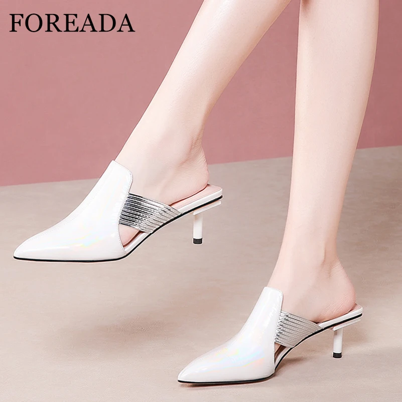 

FOREADA Summer Shoes Women Slippers natural genuine leather Thin Heel Sandals Cow Leather Pointed Toe Mules Shoes Lady size 39