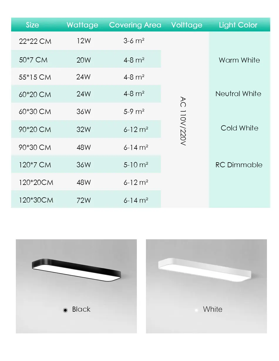 Modern LED Ceiling Light Lamp Lighting Fixture Rectangle Office Remote Bedroom Surface Mount Living Room Panel Control 110V 220V