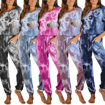 

Women 2 Piece Top Pants Pajamas Suit Short Regular Sleeve Round Neck Drawstring Printed Fashion Stylish Sets