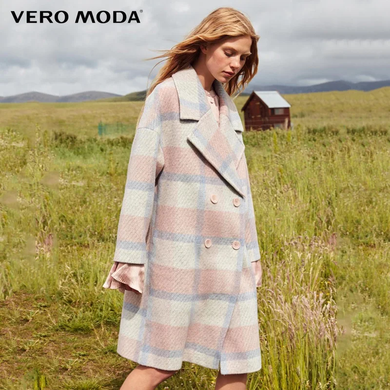 Vero Moda зимнее длинное шерстяное клетчатое двубортное пальто женское оверсайз | 318327557 - Цвет: Truffle orange