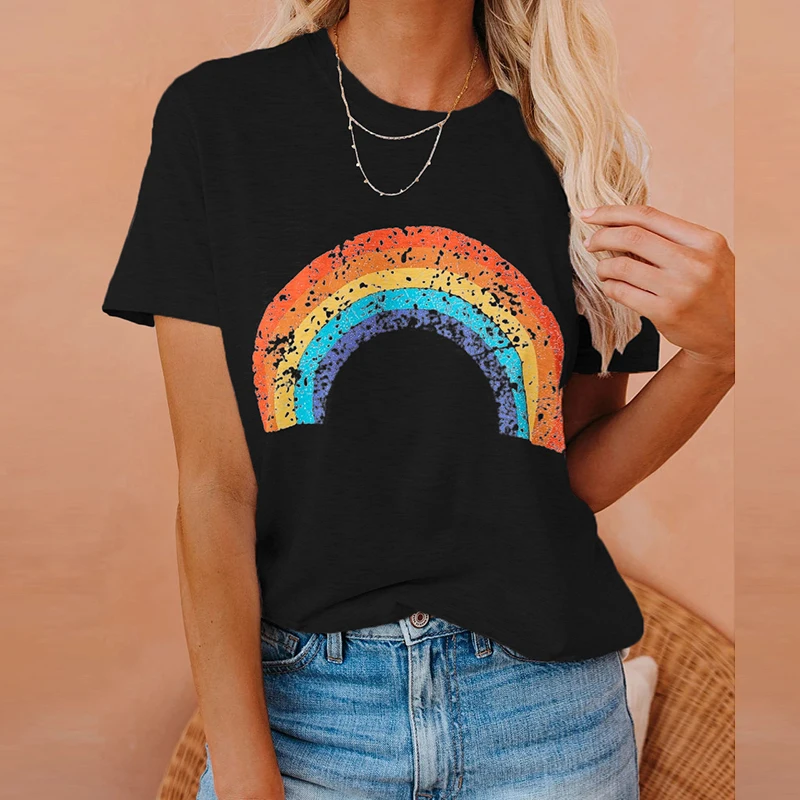 

Fashion Women Summer Top Short Sleeve Rainbow Print T Shirt Loose Ladies Tee Shirt Party Club Streetweat Shirt