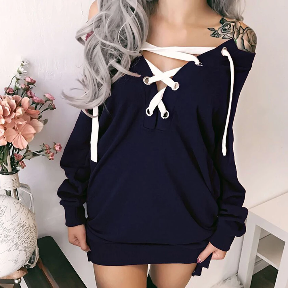  2020 Women autumn Solid Color Long Sleeve Sexy Deep V Neck Tops Front Lacing Midi Pullover Sweatshi