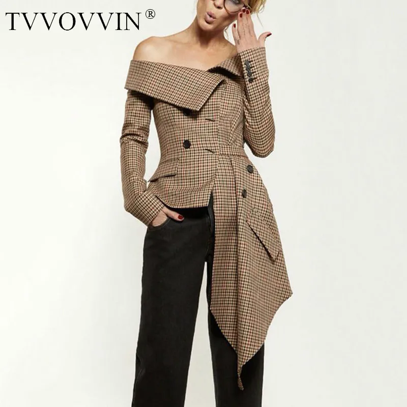 TVVOVVIN, высокое качество, осень, длинный рукав, вырез лодочкой, Асимметричная Длина, усадочная Талия, тонкое клетчатое пальто, новинка, для женщин, J110