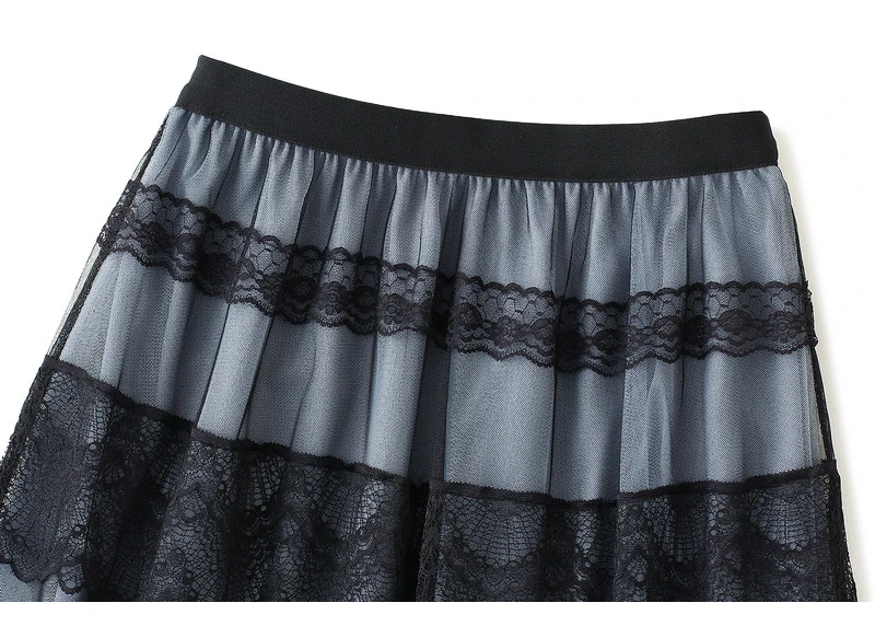 TIGENA אופנה תחרה טול ארוך חצאית נשים 2021 אביב קיץ אלגנטי קו גבוהה מותניים אמצע אורך רשת חצאית נקבה גבירותיי