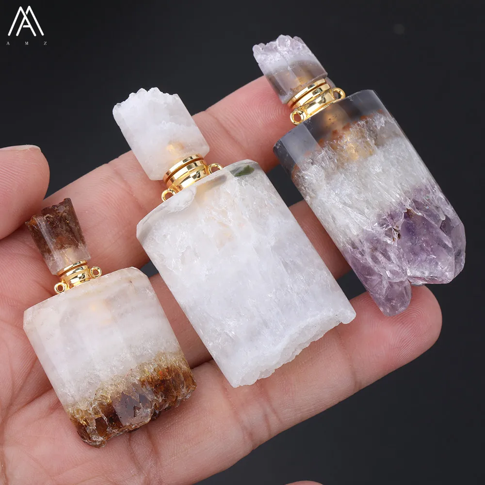 Fashion Women Small Natural Citrines Quartz Irregular Amethysts Quartz Perfume Bottles Gold Copper Chain Necklace EF-DG-72AMFE