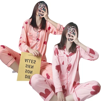

Woman Heart Print Long Sleeve Long Pans Pajamas Set Spring Autumn Cardigan Thin Sleepwear Ladies Pyjamas Casual Homewear