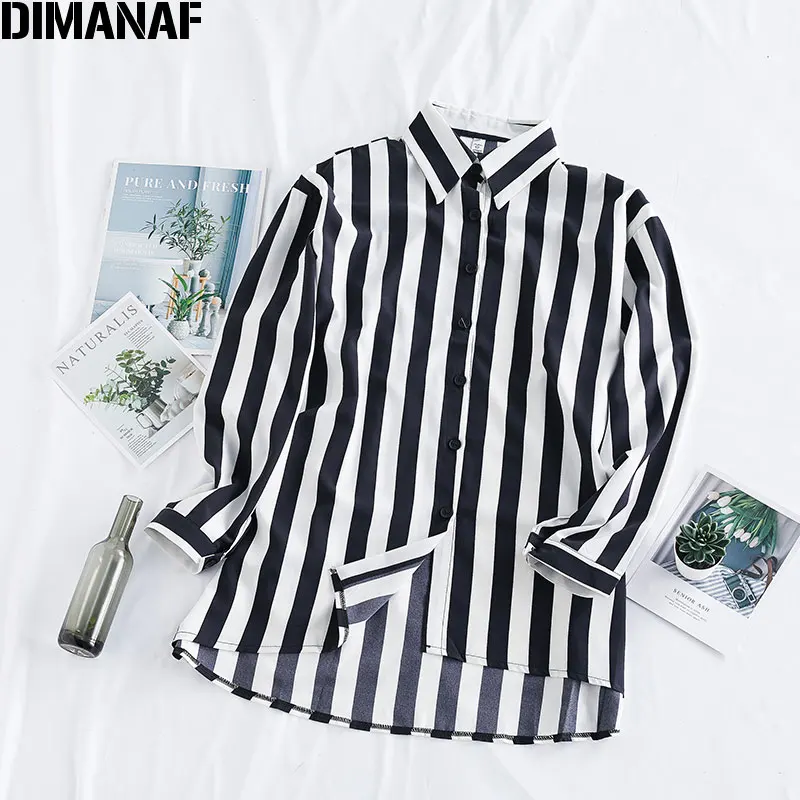 

DIMANAF Summer Plus Size Women Blouse Shirts Long Sleeve Loose Casual Lady Tops Tunic Print Striped Black Oversize Clothes 2020