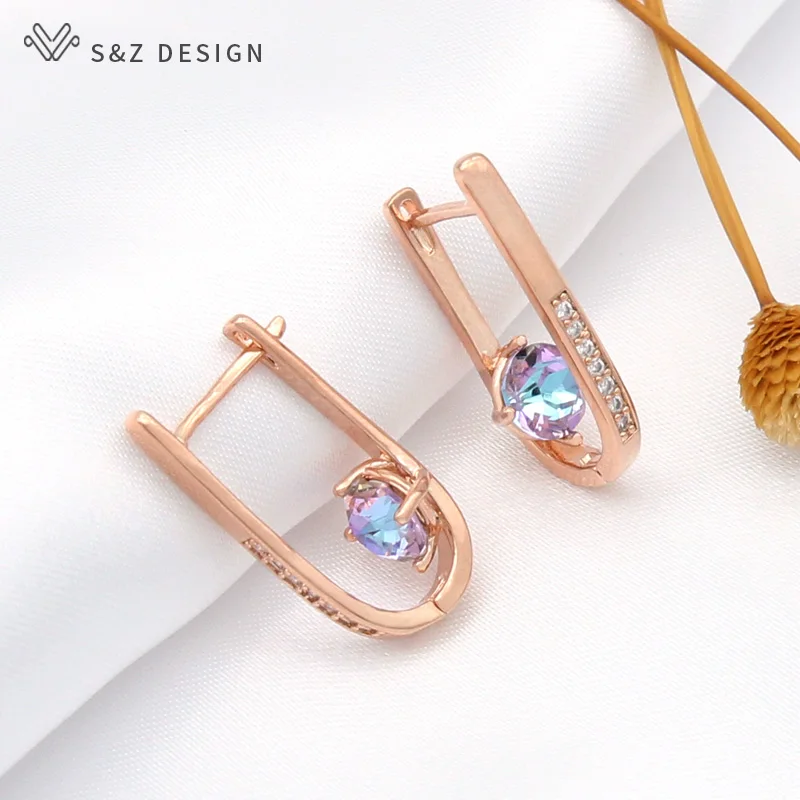 S&Z DESIGN New Trendy 585 Rose Gold Color Cubic Zirconia Crystal Dangle Earrings For Women Girl Wedding Party Jewelry Gift