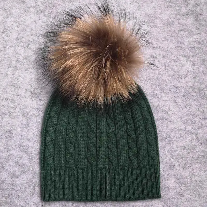 Christmas Green Мягкие шерстяные теплые брендовые зимние шапки с помпоном из натурального меха для маленьких девочек, детские зимние вязаные шапочки, шапка с меховым помпоном и шапки - Цвет: Christmas Green