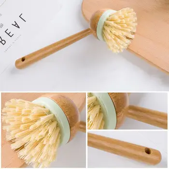 

Long Handle Cleaning Brush Round Head Natural Wooden Dish Washing Tool Scrubber