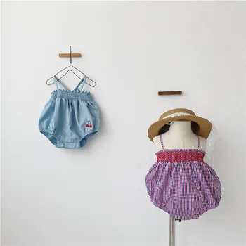 

2020 Summer Sleevless Baby Girls Lace UP Solid Romper Cute Newborn Girl Strap Jumpsuit Cherry Playsuit Child Sunsuit Outfits 3M