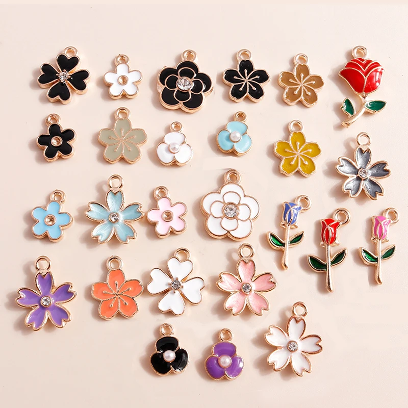 Set of 10 Enamel Flower Charms – Rose & Sakura Pendants
