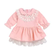 Новое Хлопковое платье для маленьких девочек осенне-весенние платья для малышей одежда с длинными рукавами для девочек кружевное платье с оборками для новорожденных от 0 до 12 месяцев