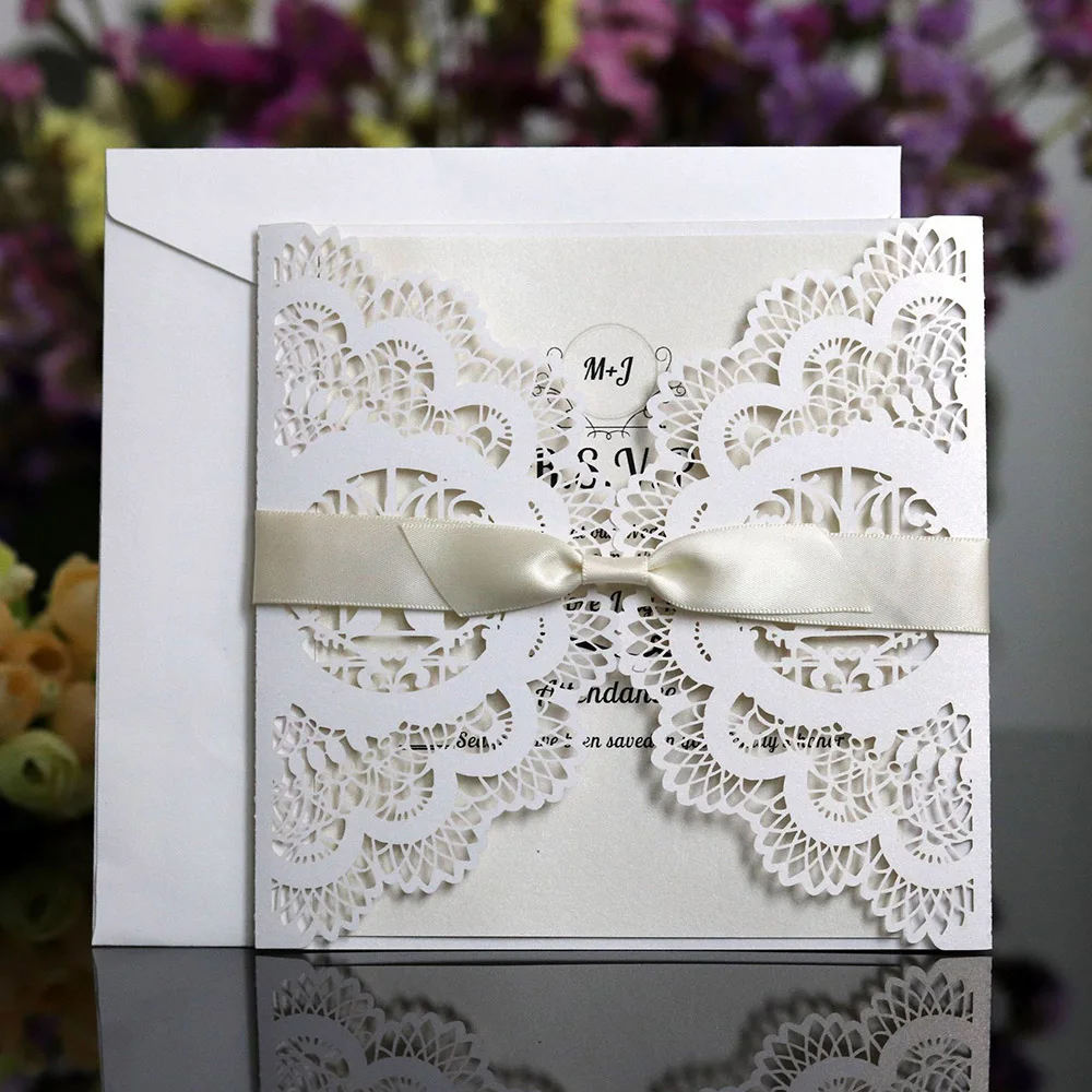  10pcs/Pack Elegant Laser Cut Wedding Invitations Card Paper With Ribbon Envelopes Square Lace Custo - 4.00027E+12