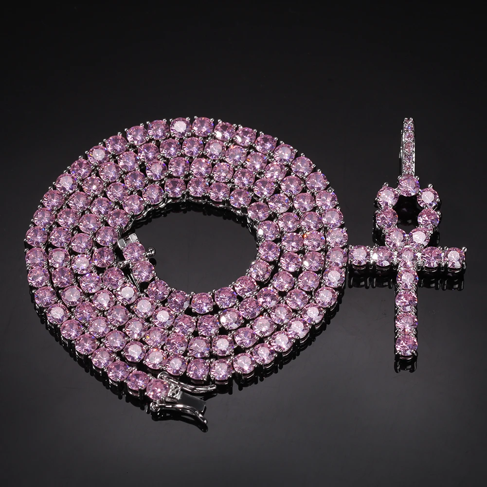 4mm Pink Iced Ankh Cross Pendant Cubic Zirconia Tennis Chains Gold Silver Color Choker Necklace Hiphop Women Men Jewelry
