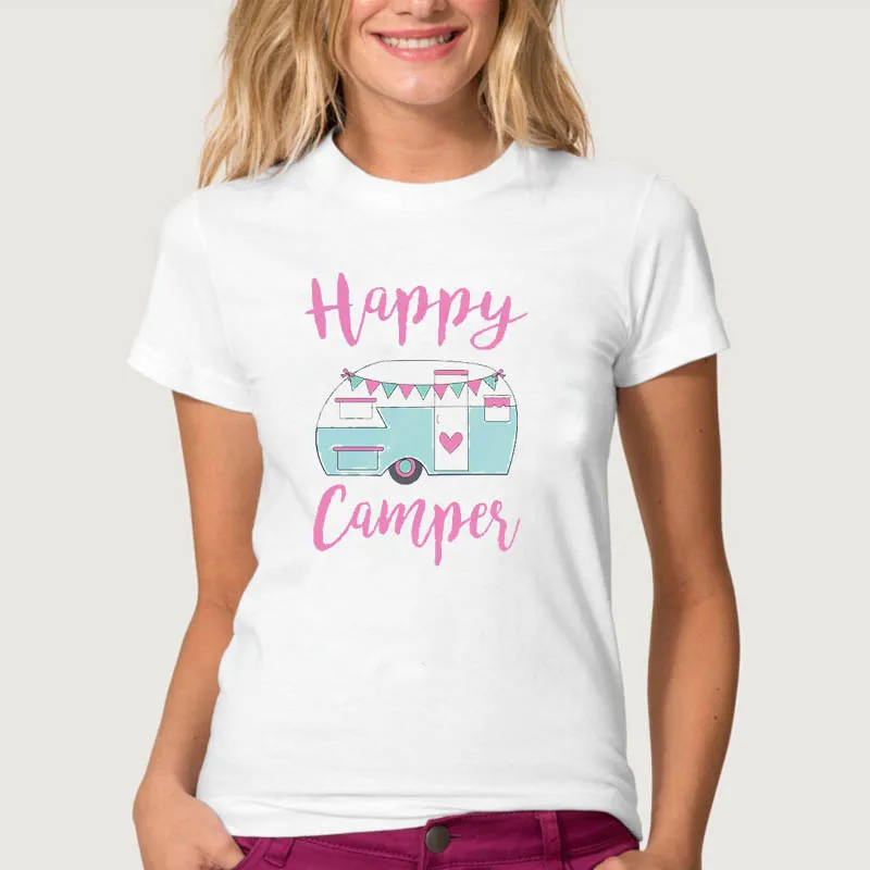 Женская Повседневная футболка с короткими рукавами принтом Happy Camper | одежда