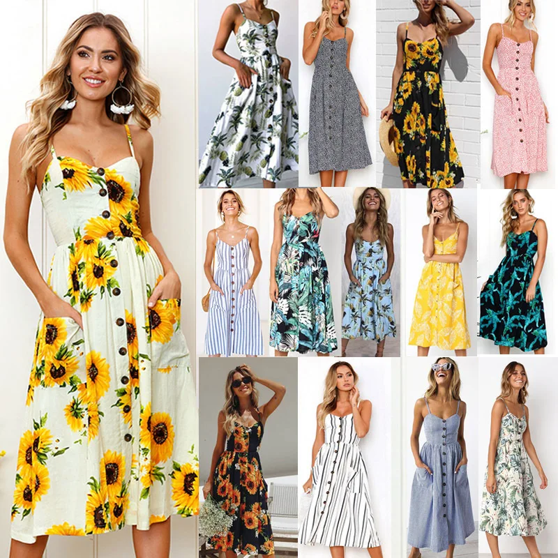 

Casual Vintage Sundress Female Beach Dress Midi Button Backless Polka Dot Striped Women Dress Summer 2020Sexy Strap Floral Dress