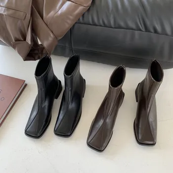 

chelsea boots women patent leather shoes chic square toe mid-calf booties stiletto high heels riding botas mujer