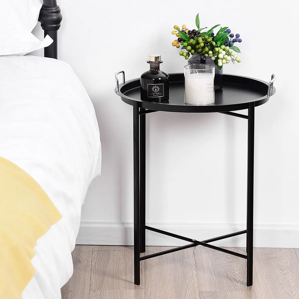  Costway Metal Tray Table Round End Table Sofa SideTable Living Room Bedroom Black - 4000099036414