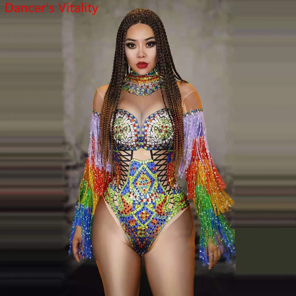 Women Singer Model Dance Group DJ Disco Performance Costume Stretch Colorful Tassel Diamond Leotard Pole Jazz Dancing Stage Wear |