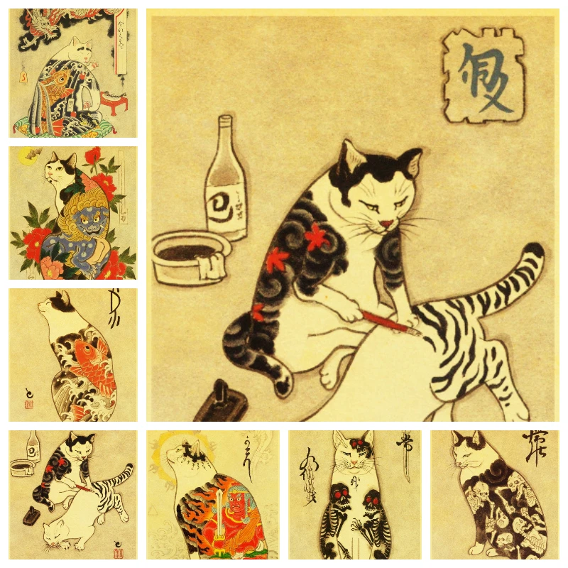 Настенная живопись на холсте винтажная японская кошка самурая искусственная