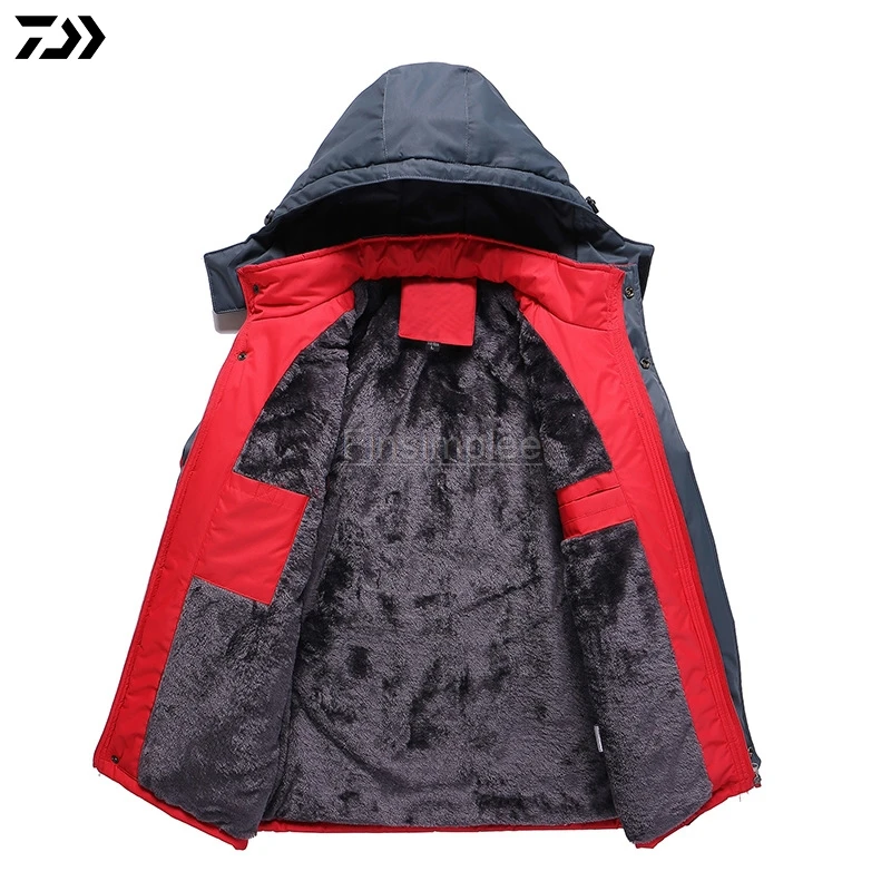 Daiwa зимняя одежда для рыбалки плюс бархатные куртки Уличная одежда для кемпинга Мужская Осенняя Водонепроницаемая теплая Лоскутная одежда с капюшоном