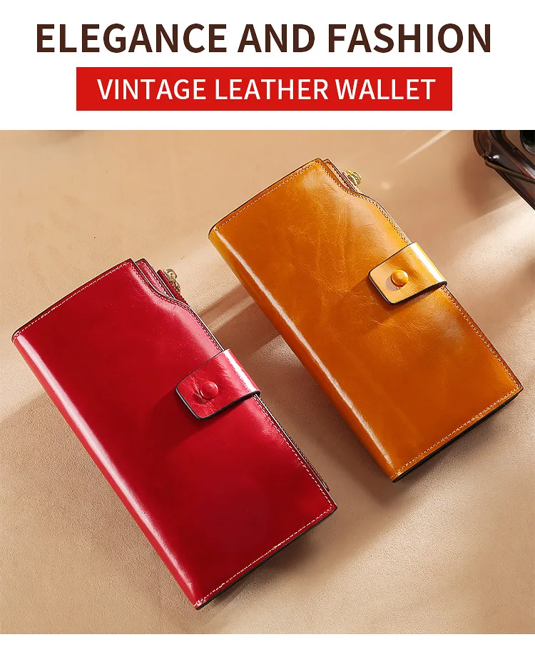 2019 A/W Luxury Oil Wax Cowhide Leather Women Long Wallet RFID anti-Theft Bag Purse Credit Card Holder Money Holders Retro Bags