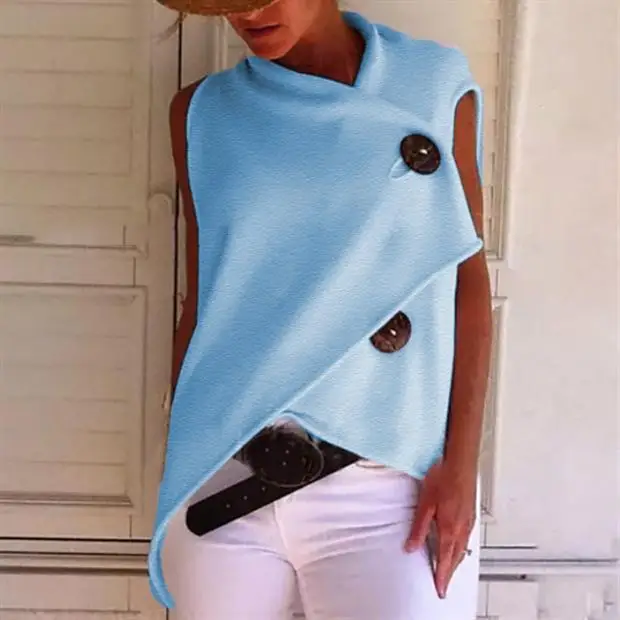 2022 Spring Asymmetrical Women T-Shirt V-Neck Casual Cotton Button Down T-Shirt Solid Sleeveless T-Shirt