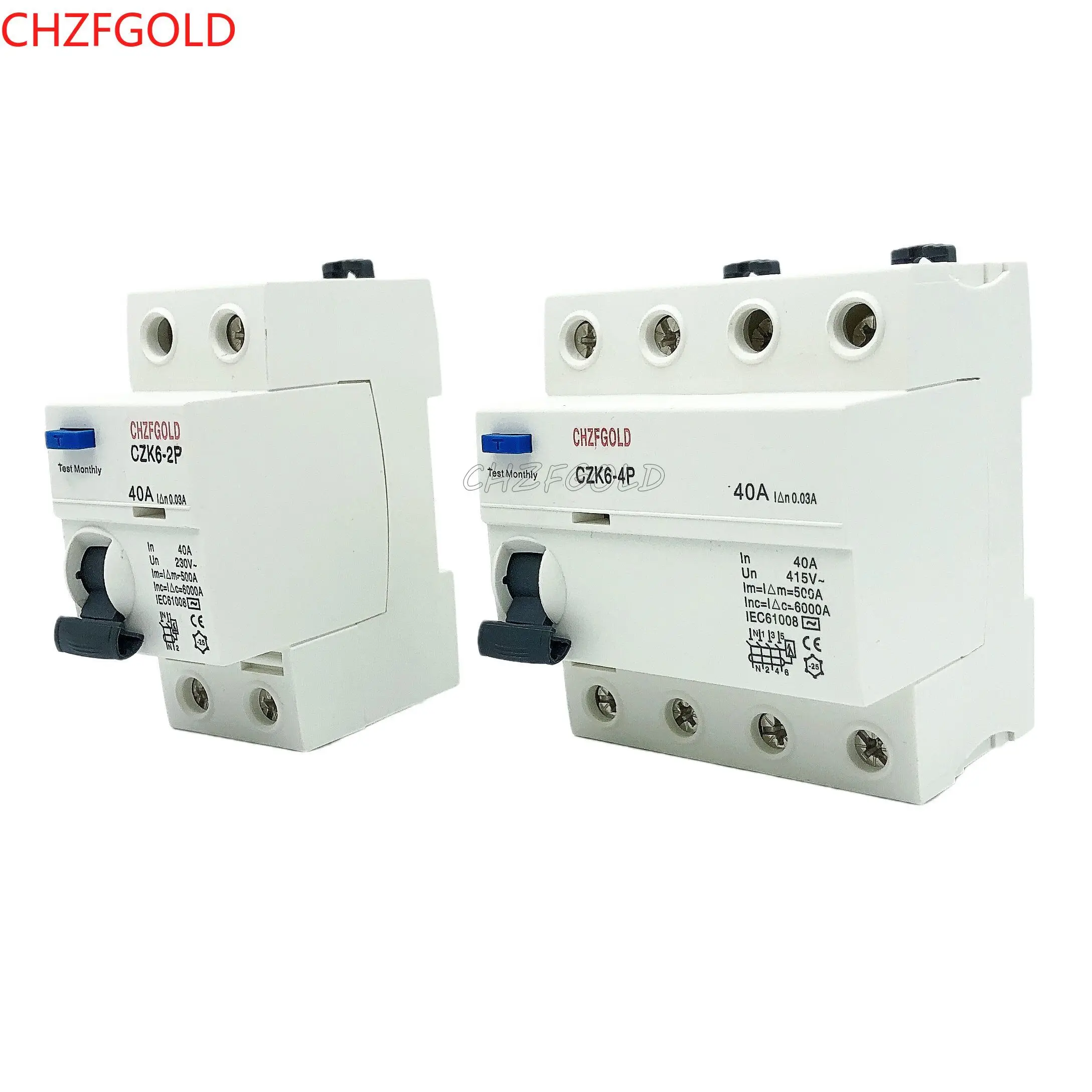 CHZFGOLD 유형 B 누전 회로 차단기 RCCB RCD Din 레일 DC EKL6-100B 4P 40A 63A 30mA 10KA