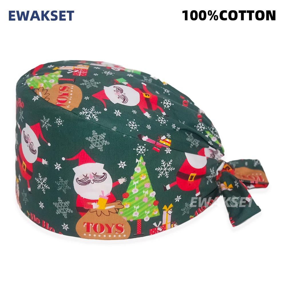 100%Cotton Nursing Hat Scrub Dental Cap Laboratory Pet Shop Medical Surgeon Spa Nurse Adjustable Scrubs Caps Christmas Printed