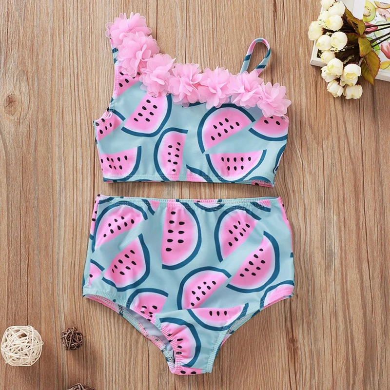 

Swimwear Girls Swimming Costume Two Piece Swimsuit Watermelon Print Petal Ruffles Sling Bathing Suit Set 1-5T
