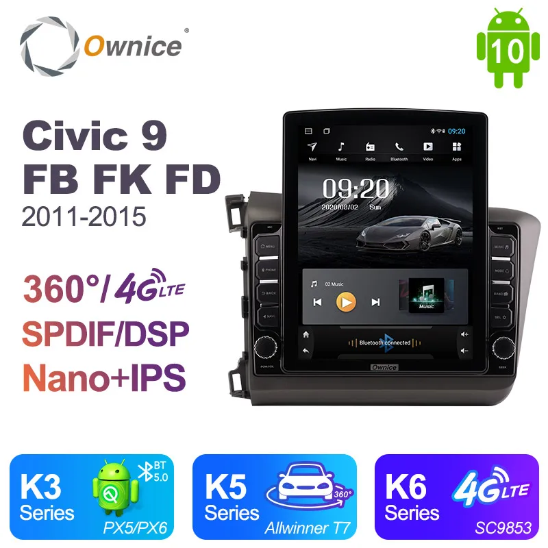 Автомобильный радиоприемник Nano Vertical Ownice Android 10 0 2din для Honda Civic 9 FB FK FD 2011-2015 блок