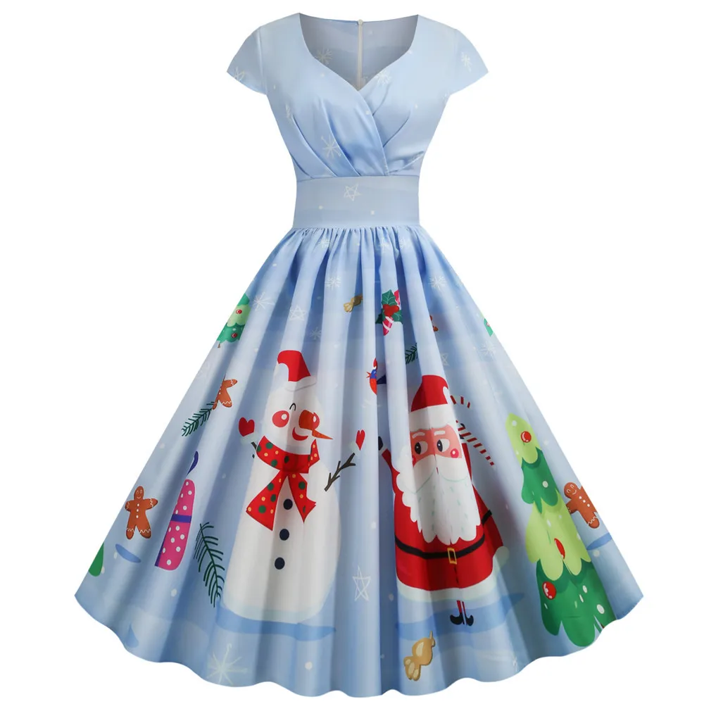 Винтажное женское платье на Рождество с v-образным вырезом, элегантное вечернее платье 50s 60 s, Повседневное платье с коротким рукавом и цветочным принтом, большие размеры - Цвет: JY14391