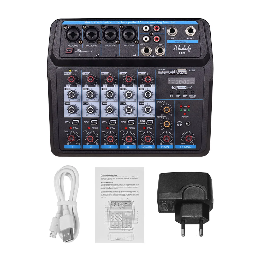 U4/U6 Musical Mini Mixer 6 Kanäle Audio Mischer BT USB Mischpult mit Soundkarte Integrierte 48V phantom Power EU/Us-stecker U4/U6 Musical Mini Mixer 6 Kanäle Audio Mischer BT USB Mischpult mit Soundkarte Integrierte 48V phantom Power EU/Us-stecker